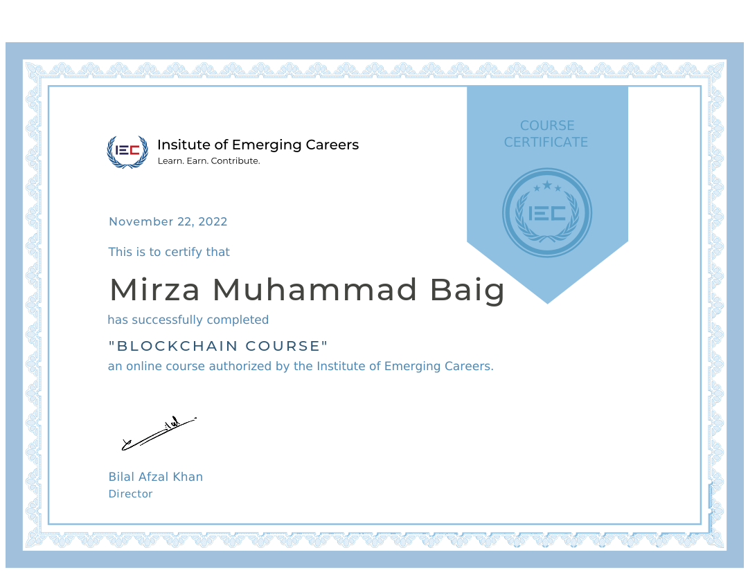 Certificate of blockchain development from institute of emerging career